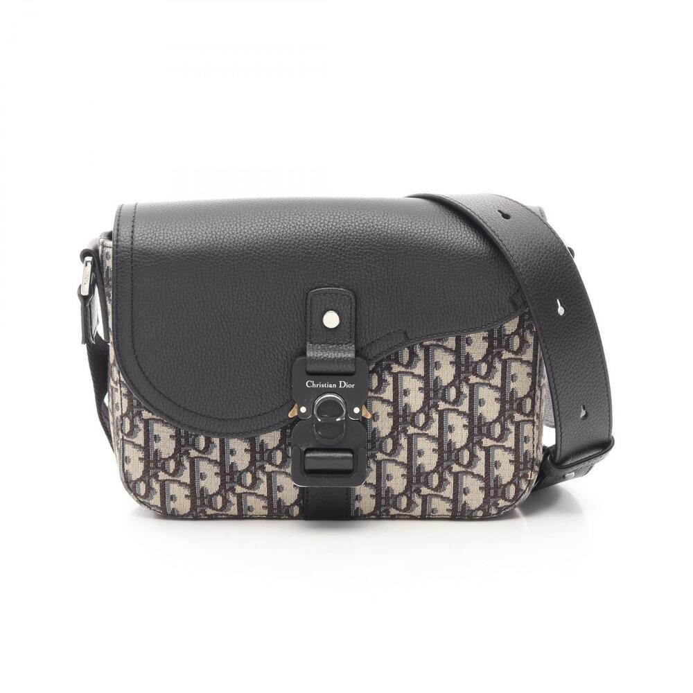 Christian Dior SADDLE Oblique Shoulder Bag Canvas Leather Navy Blue Beige Black
